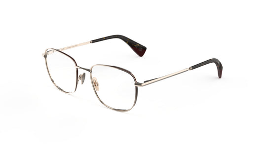A pair of classic-style titanium eyeglasses with an almond-toned construction, nosepads and integrated spring hinge, shown on a plain white background.