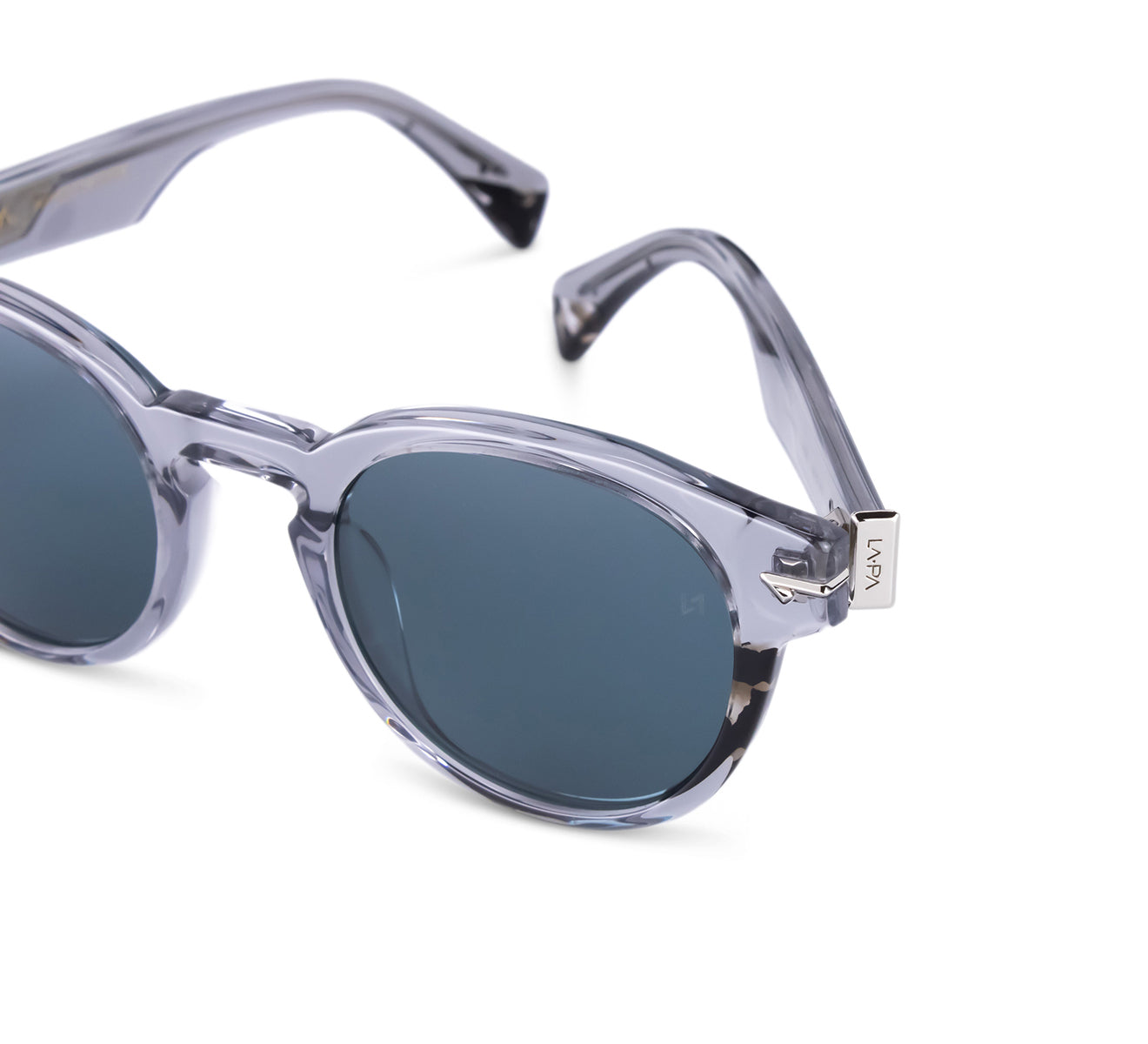 Detailed shot of Gray Sunglass Silver Hinge Design