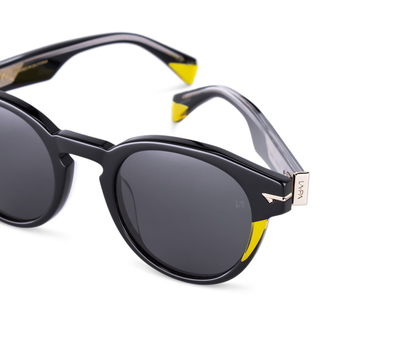 Black Sunglass with Yellow Detail and Silver Hinge