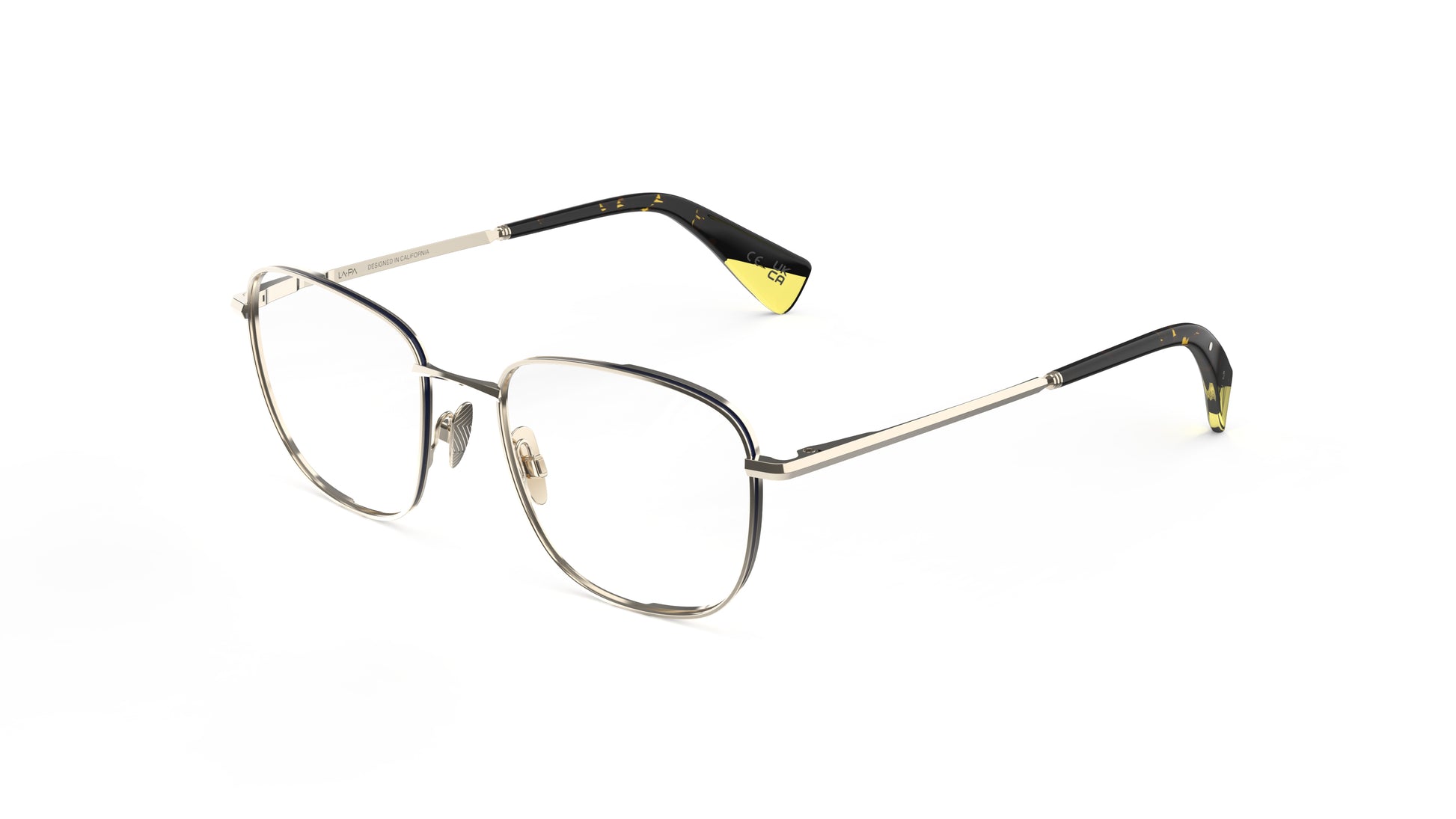 A pair of gold titanium eyeglasses, featuring a light gold frame and dark tortoiseshell temple tips with yellow accents. Integrated spring hinges and nosepads.