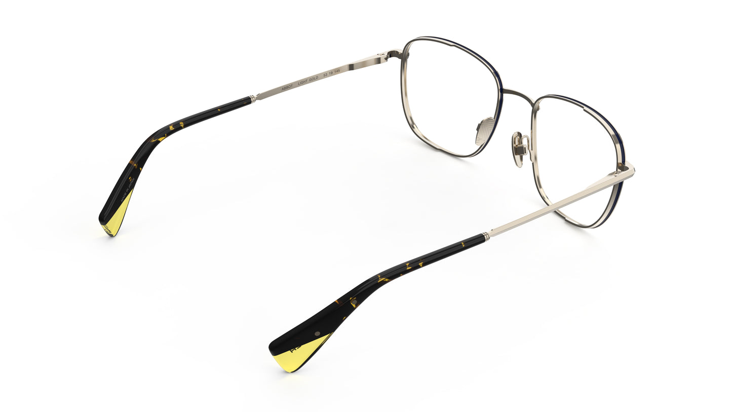 Rear view soft square tiatnium eyeglasses featuring a gold front and temples with a tortoiseshell pattern and yellow tips, shown on a white background.