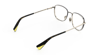 Rear view soft square tiatnium eyeglasses featuring a gold front and temples with a tortoiseshell pattern and yellow tips, shown on a white background.
