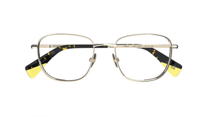 A pair of gold titanium eyeglasses with nosepads, yellow and tortoiseshell temple tips, shown against a plain white background.