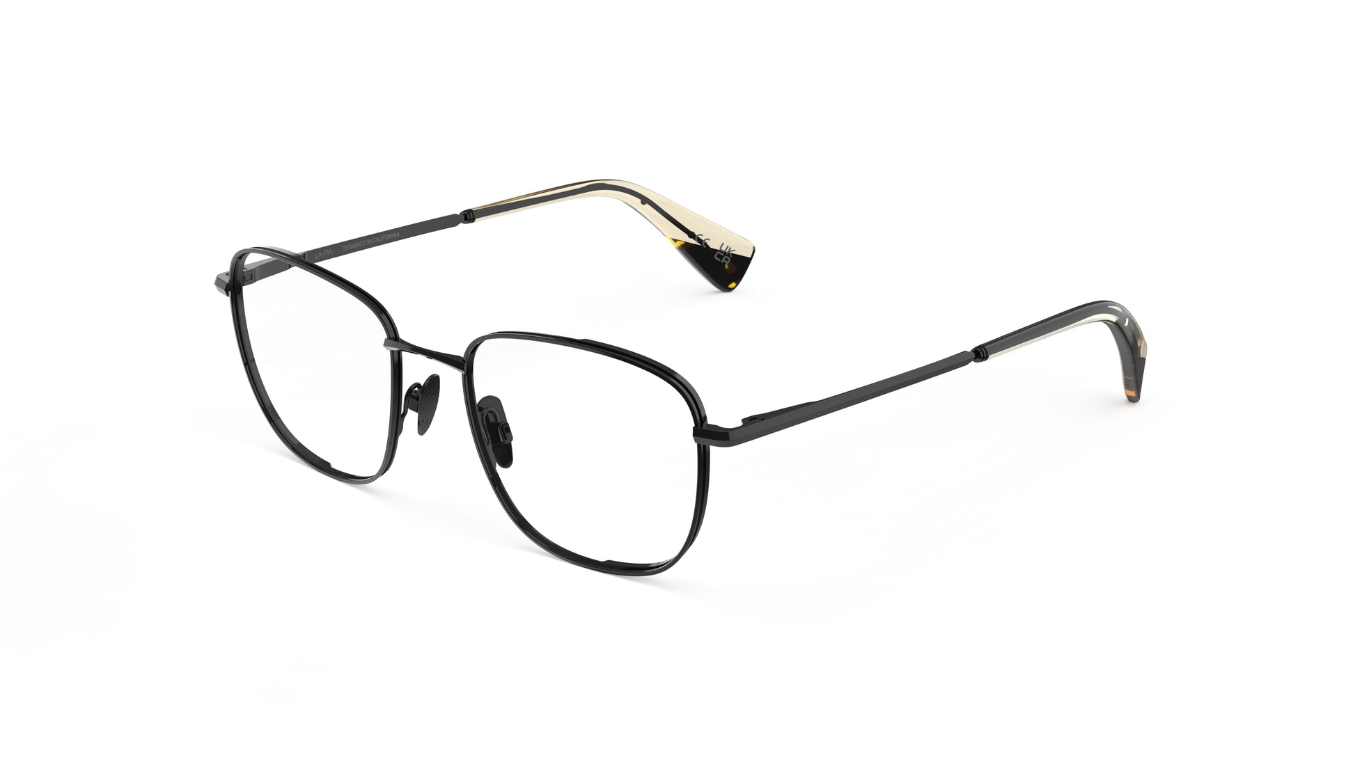 Gunmetal titanium eyeglasses with nosepads and integrated spring hinges, and khaki tortoiseshell temple tips, shown on a plain white background.