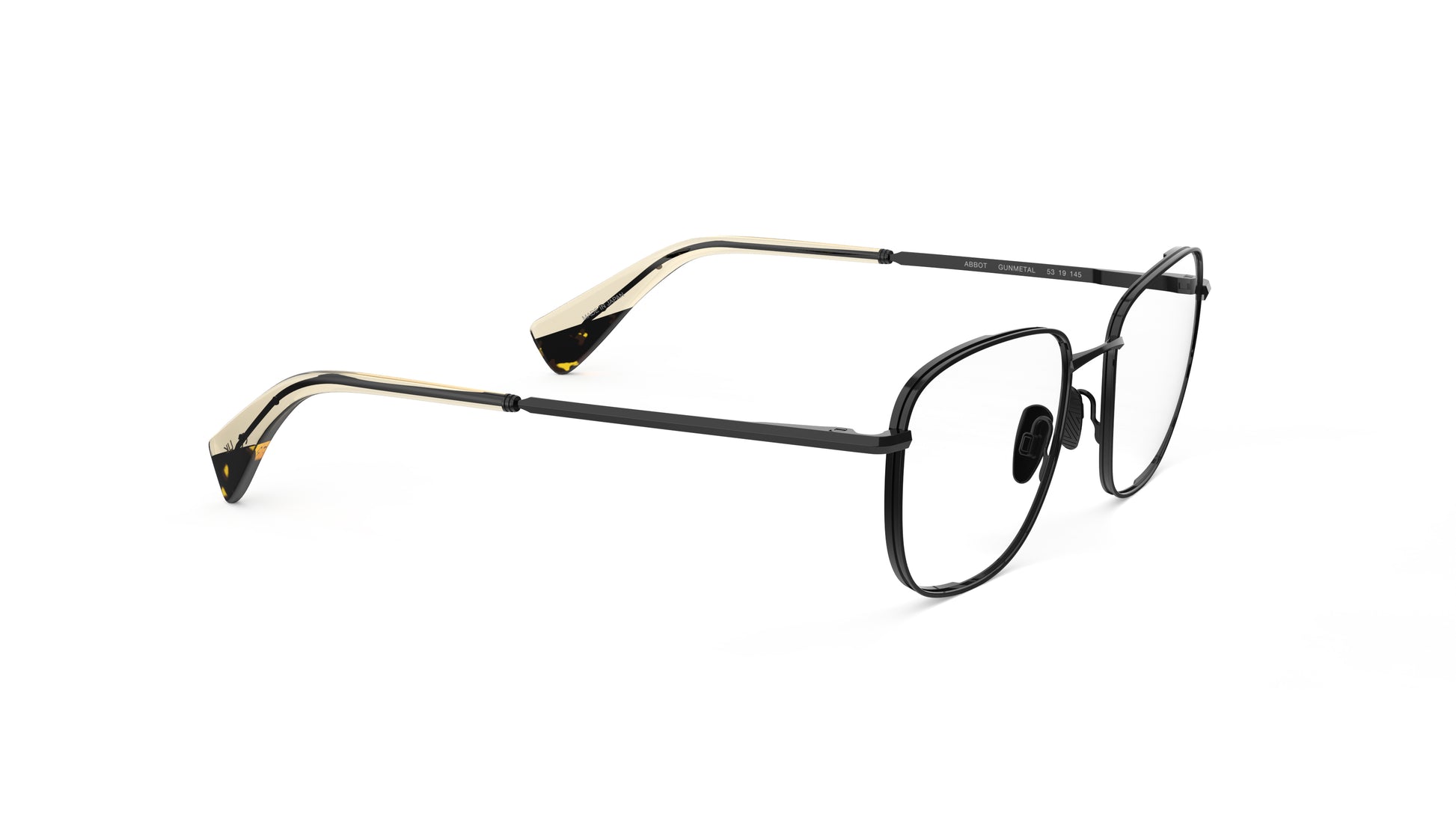 Gunmetal titanium eyeglasses with nosepads and integrated spring hinges, and khaki tortoiseshell temple tips, shown on a plain white background.