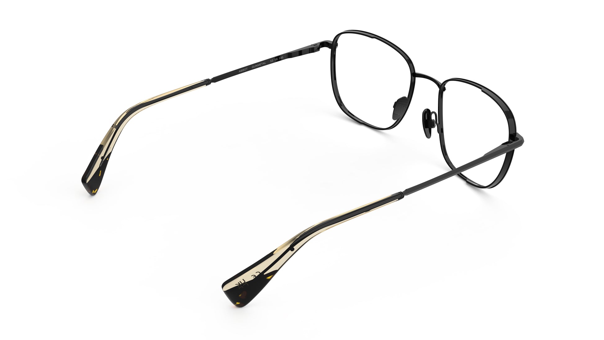 Rear view of gunmetal titanium eyeglasses with nosepads and khaki tortoiseshell-patterned temple tips, displayed on a clean white background.