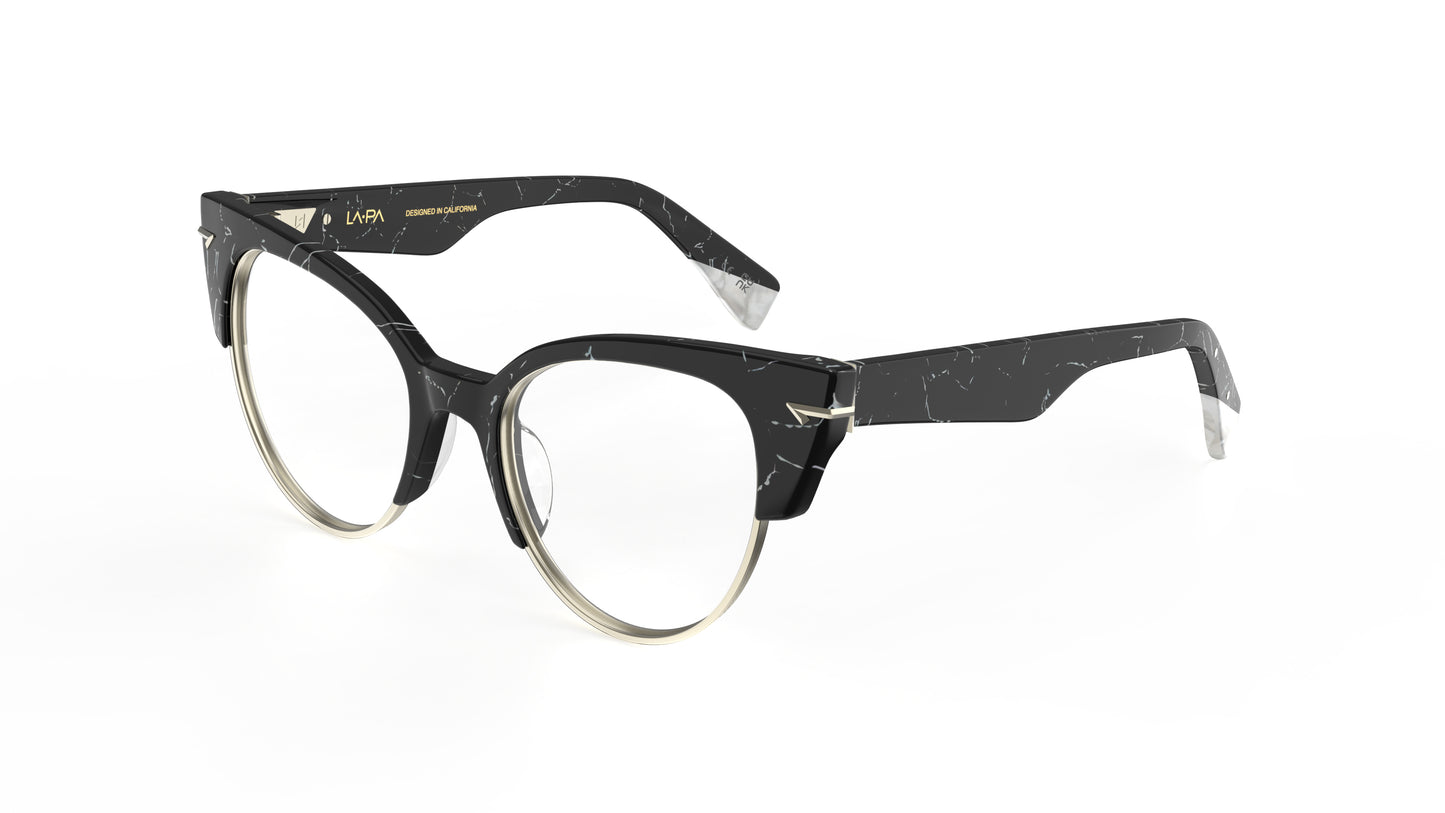A pair of cat-eye style eyeglasses with a black and white marbled acetate frame, silver rim and pearl temple tips, sculpted silver rivets, shown on a plain white background.