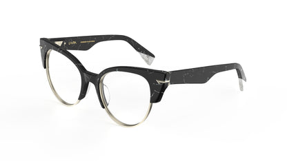 A pair of cat-eye style eyeglasses with a black and white marbled acetate frame, silver rim and pearl temple tips, sculpted silver rivets, shown on a plain white background.