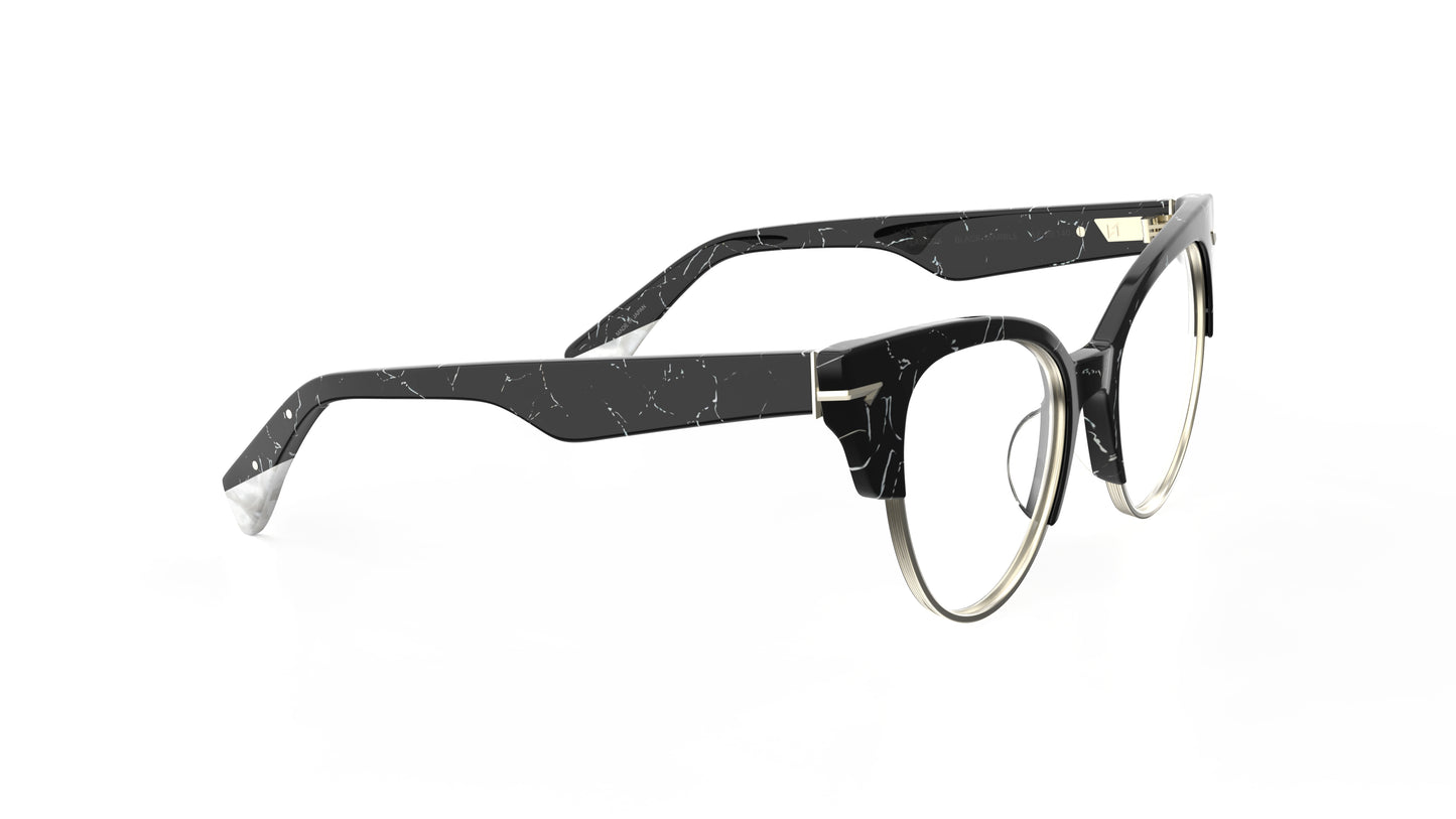 A pair of cat-eye style eyeglasses with a black and white marbled acetate frame, silver rim and pearl temple tips, sculpted silver rivets, shown on a plain white background.