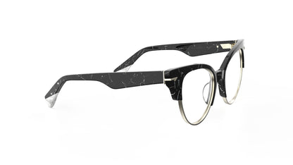 A pair of cat-eye style eyeglasses with a black and white marbled acetate frame, silver rim and pearl temple tips, sculpted silver rivets, shown on a plain white background.