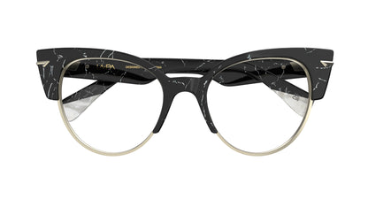 A pair of modern cat-eye eyeglasses featuring a black and white marble-patterned acetate frame with a thin silver metal rim and silver sculpted metal rivets.