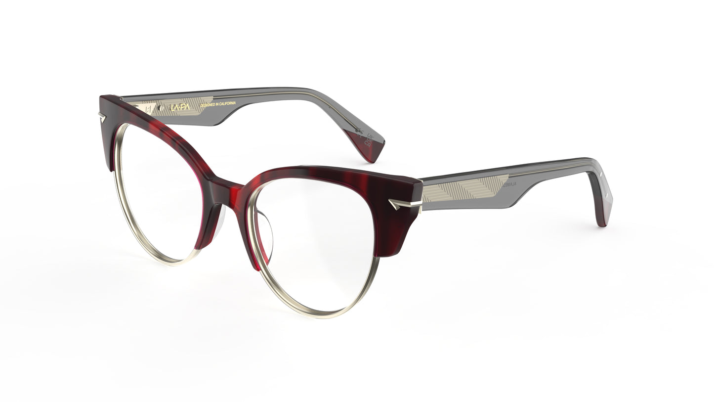 A pair of cat-eye eyeglasses featuring a dark red merlot colored front with sculpted rivets, translucent gray acetate temples featuring a geometric patterned metal wire core.