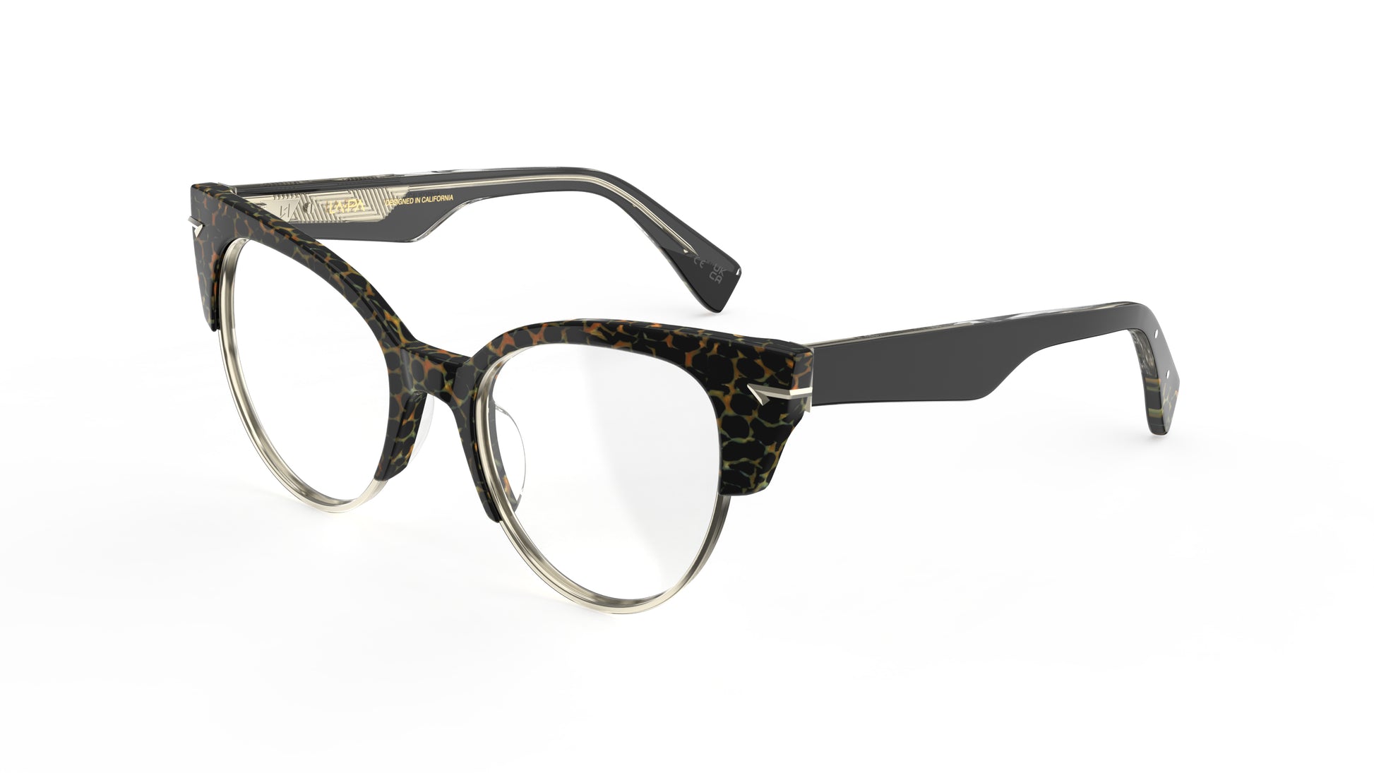 A pair of cat-eye eyeglasses featuring a animal print acetate front brow with stainless steel rims, a solid black temple.