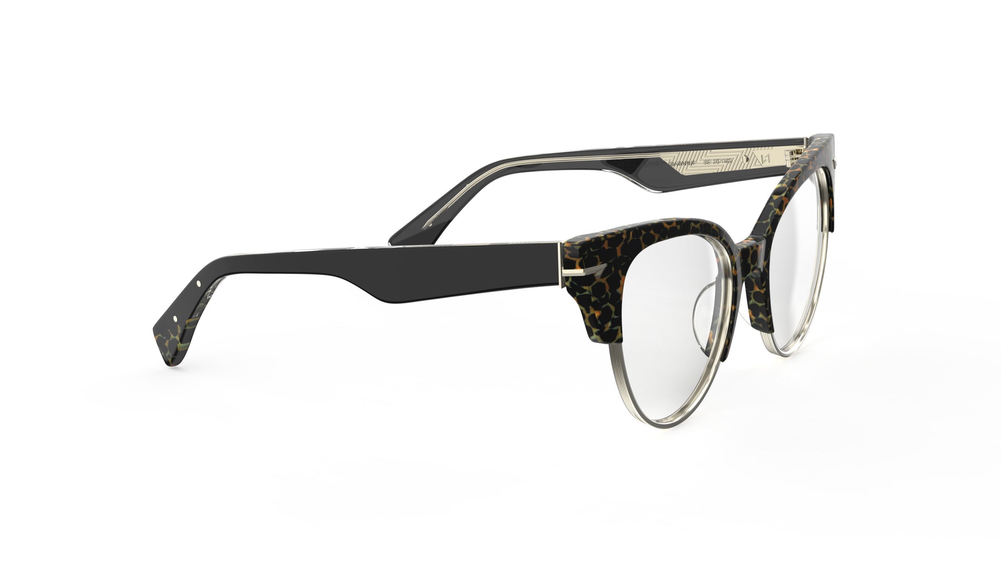A pair of cat-eye eyeglasses featuring a animal print acetate front brow with stainless steel rims, a solid black temple, shown against a plain white background.