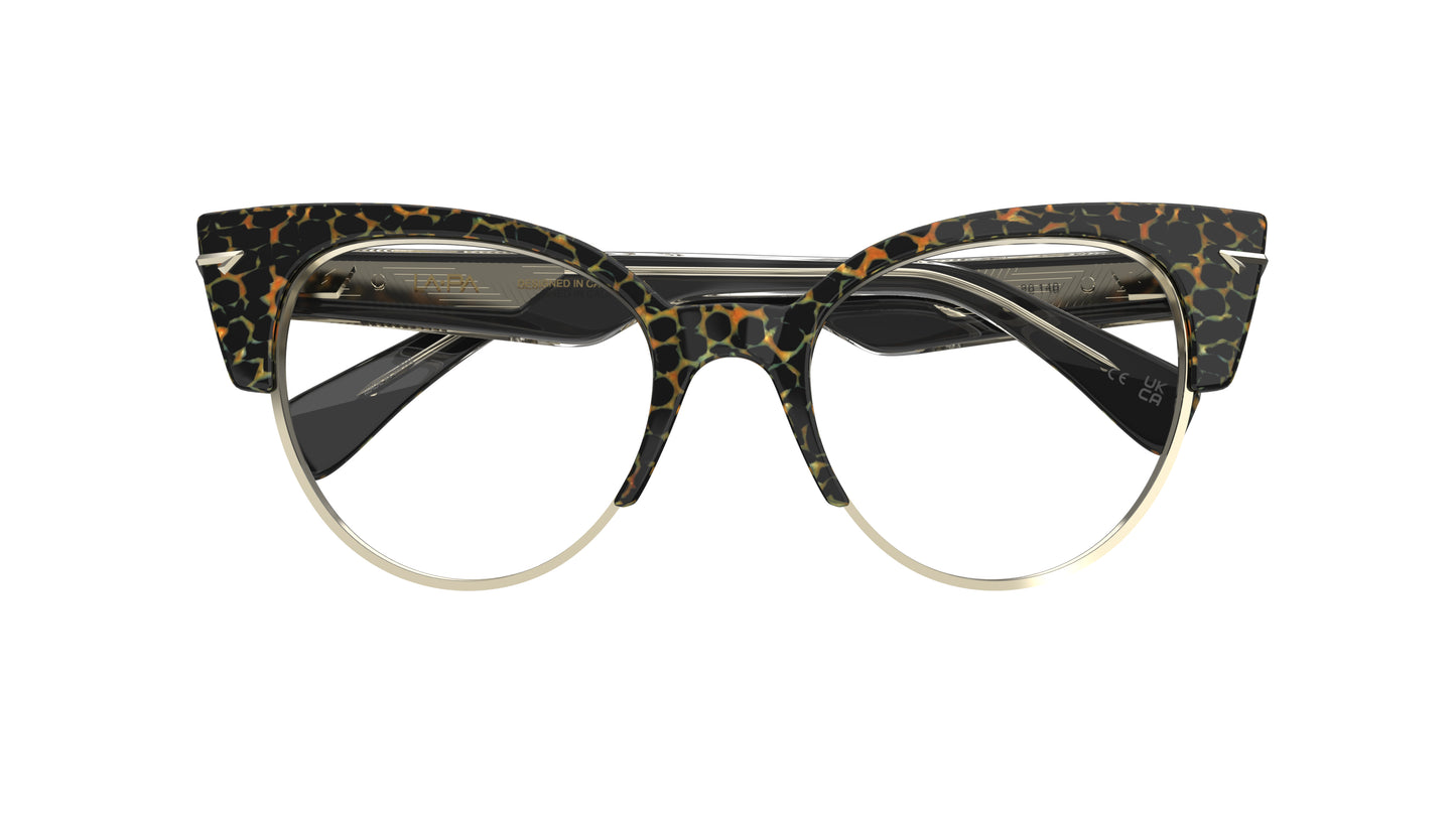 Cat-eye eyeglasses featuring an animal print pattern frame with light gold metal lower rims and rivets, set against a plain white background.