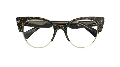 Cat-eye eyeglasses featuring an animal print pattern frame with light gold metal lower rims and rivets, set against a plain white background.