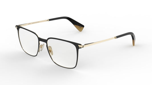 A pair of quality titanium eyeglasses with a black titanium front and light gold sculpted titanium temples and nosepads, shown on a clean white background.