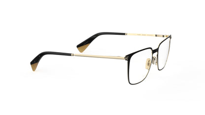 A pair of quality titanium eyeglasses with a black titanium front and light gold sculpted titanium temples and nosepads, integrated spring hinge, shown on a clean white background.