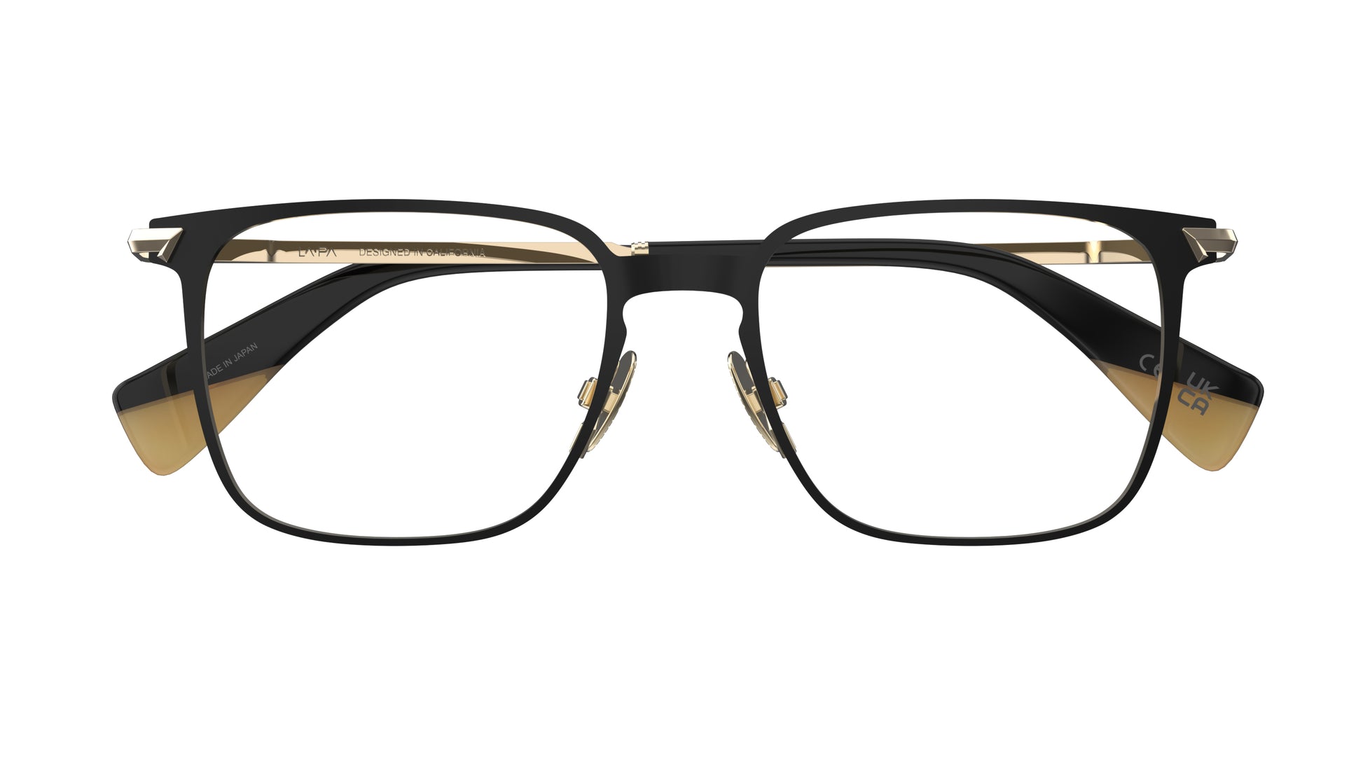 A pair of classic square frame eyeglasses with a black titanium front, light gold nosepads shown against a plain white background.