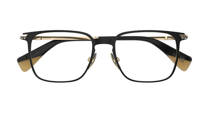 A pair of classic square frame eyeglasses with a black titanium front, light gold nosepads shown against a plain white background.