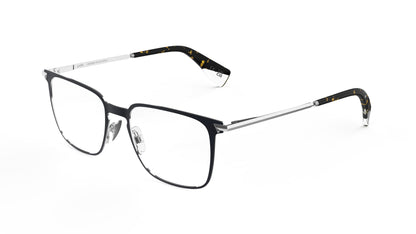 A pair of modern square-frame titanium eyeglasses with a navy front frame, silver titanium temples, and acetate temple tips with an integrated spring hinge, shown on a plain white background.
