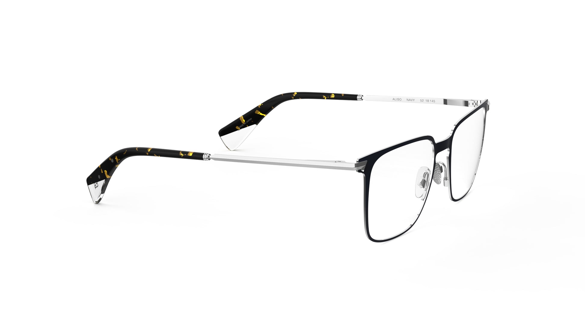 A pair of modern square-frame titanium eyeglasses with a navy front frame, silver titanium temples, and acetate temple tips with an integrated spring hinge, shown on a plain white background.