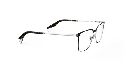 A pair of modern square-frame titanium eyeglasses with a navy front frame, silver titanium temples, and acetate temple tips with an integrated spring hinge, shown on a plain white background.