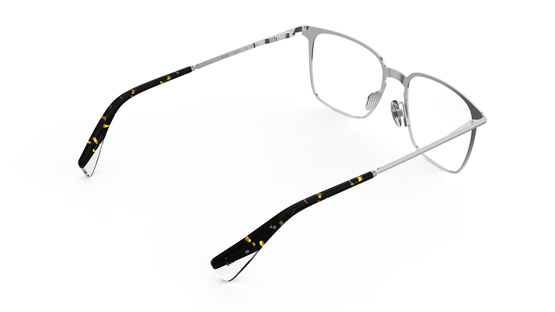 A rear view of a titanium eyeglasses with silver temples and titanium nosepads and integrated spring hinge, shown on a white background.