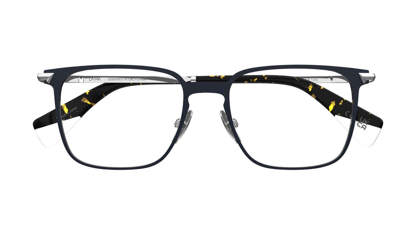 A pair of square-frame titanium eyeglasses with a dark navy blue front frame and silver temples with nosepads, shown against a plain white background.
