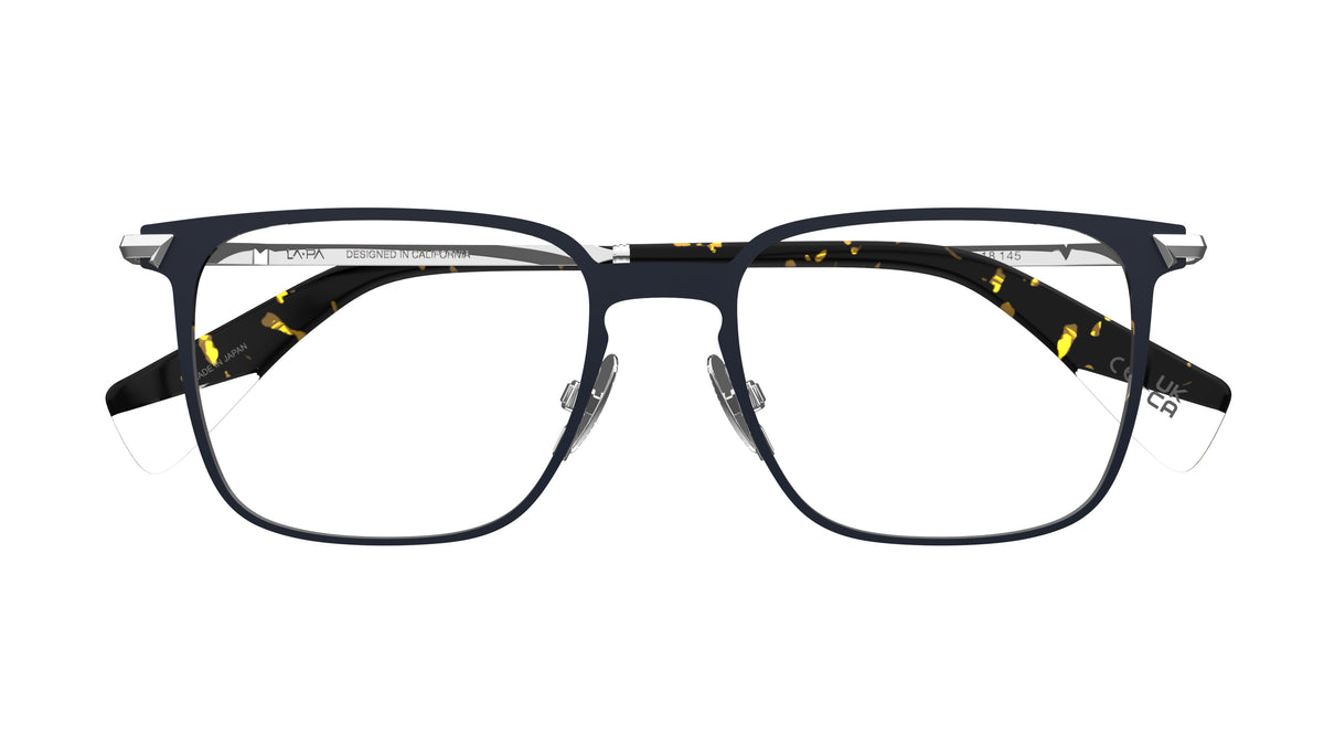 A pair of square-frame titanium eyeglasses with a dark navy blue front frame and silver temples with nosepads, shown against a plain white background.