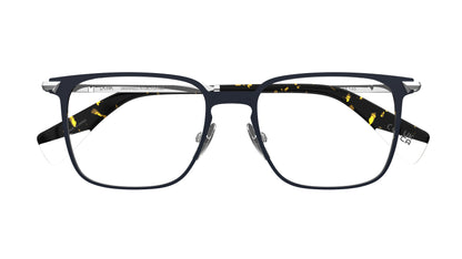A pair of square-frame titanium eyeglasses with a dark navy blue front frame and silver temples with nosepads, shown against a plain white background.