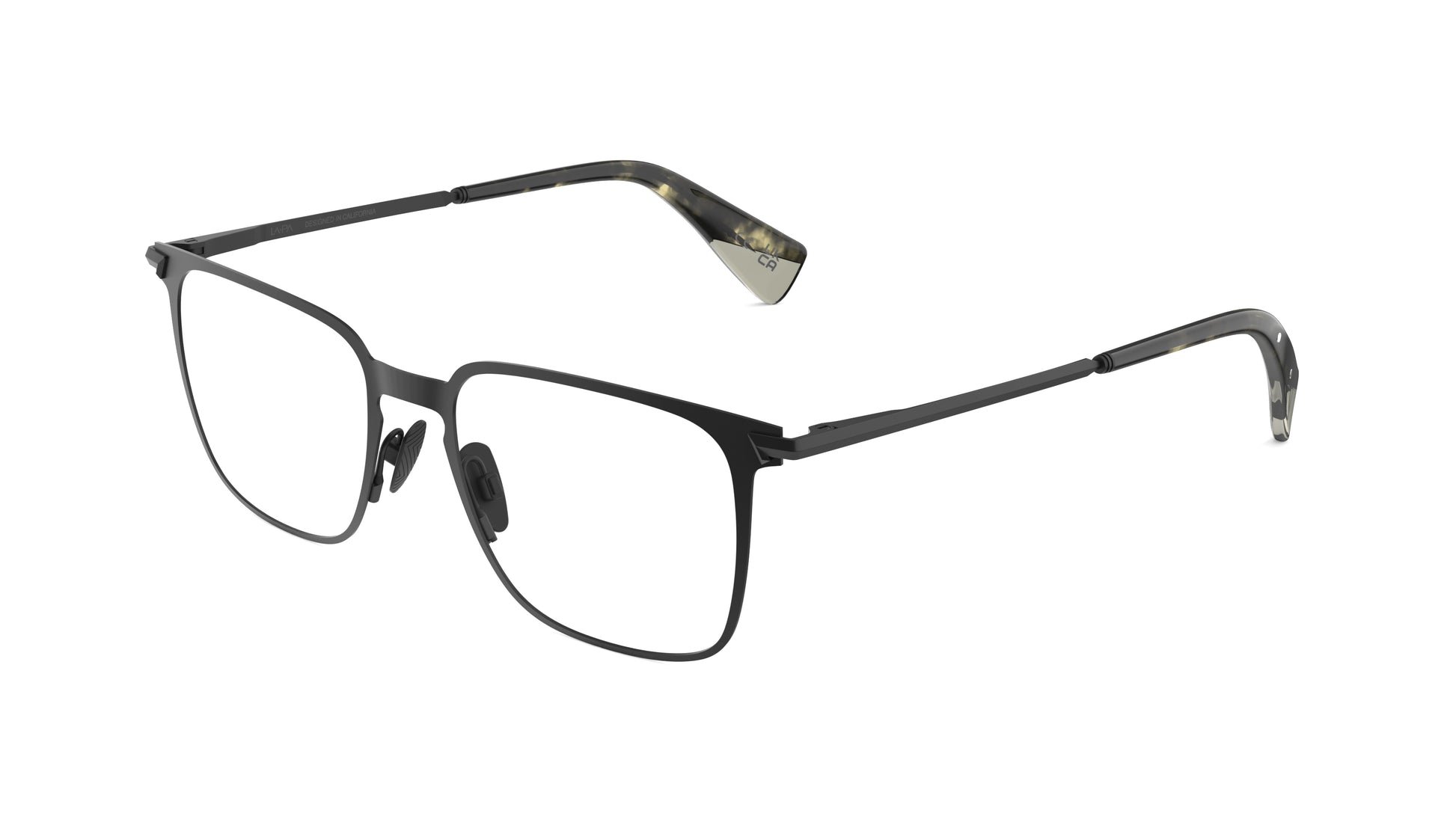 Titanium gunmetal square eyeglasses with titanium temples with an integrated spring hinge and acetate temple tips, shown from a three-quarters angle on a white background.