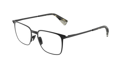 Titanium gunmetal square eyeglasses with titanium temples with an integrated spring hinge and acetate temple tips, shown from a three-quarters angle on a white background.