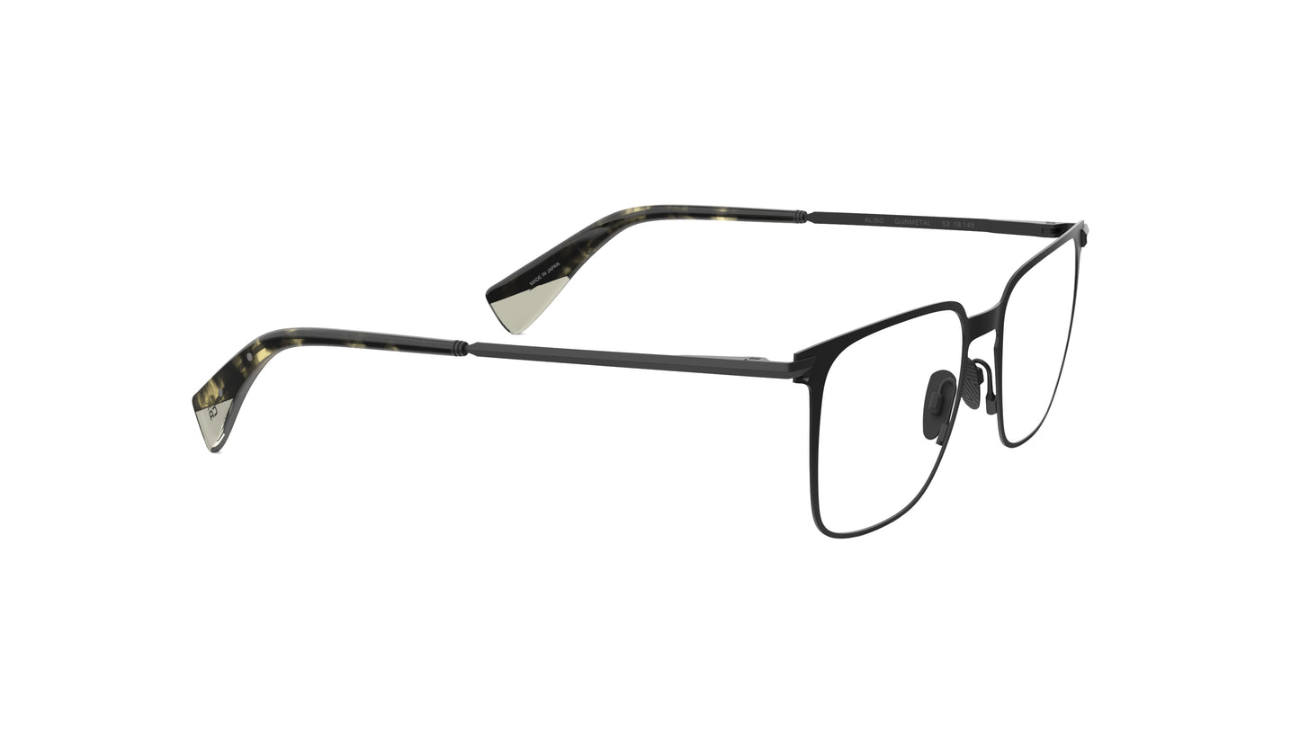 Titanium gunmetal square eyeglasses with titanium temples with an integrated spring hinge and acetate temple tips, shown from a three-quarters angle on a white background.