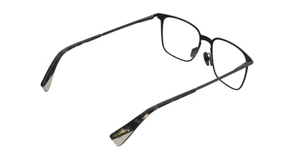 A rear view of a gunmetal titanium frame with an integrated spring hinge and nosepads, shown on a plain white background.