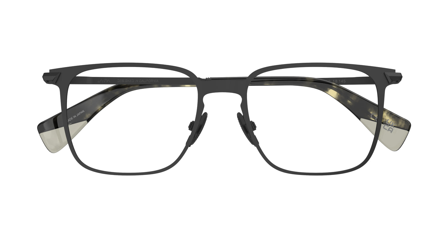 Gunmetal titanium square eyeglasses with nosepads and acetate temple tips, shown from the front on a white background.