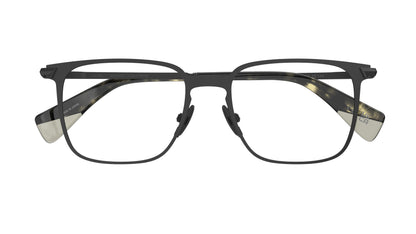 Gunmetal titanium square eyeglasses with nosepads and acetate temple tips, shown from the front on a white background.