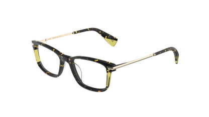 A pair of eyeglasses with a tortoiseshell pattern and yellow accents on the front frames and temple tips, with gold titanium temples, integrated spring hinges, shown on a plain white background.