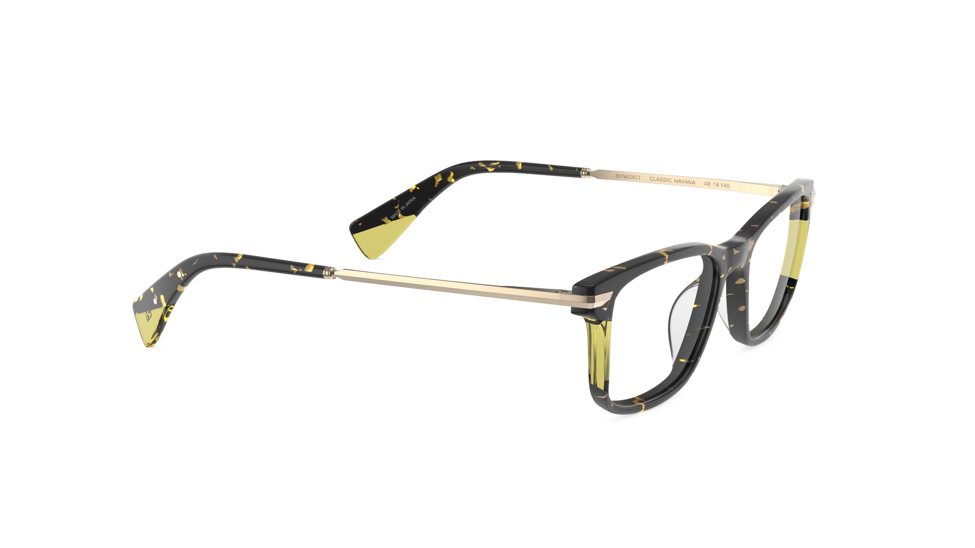 A pair of eyeglasses with a tortoiseshell pattern and yellow accents on the front frames and temple tips, with gold titanium temples, integrated spring hinges, shown on a plain white background.