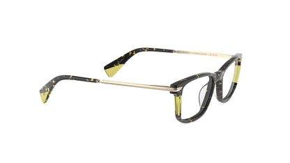 A pair of eyeglasses with a tortoiseshell pattern and yellow accents on the front frames and temple tips, with gold titanium temples, integrated spring hinges, shown on a plain white background.