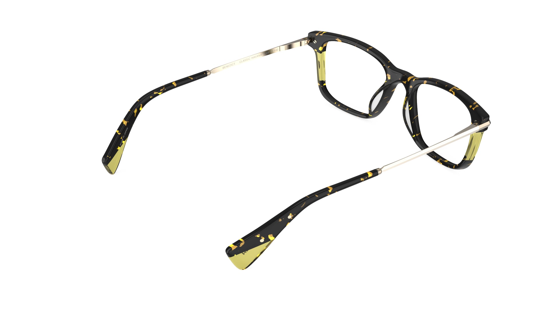 A rear view of a pair of eyeglasses with a havana acetate frame featuring yellow laminated accents, with gold titanium temples, integrated spring hinge shown against a plain white background.