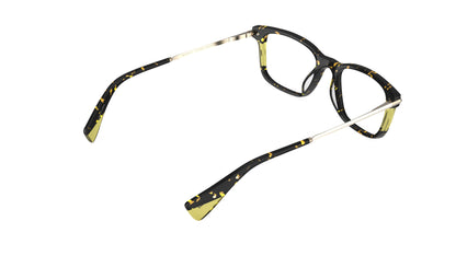 A rear view of a pair of eyeglasses with a havana acetate frame featuring yellow laminated accents, with gold titanium temples, integrated spring hinge shown against a plain white background.