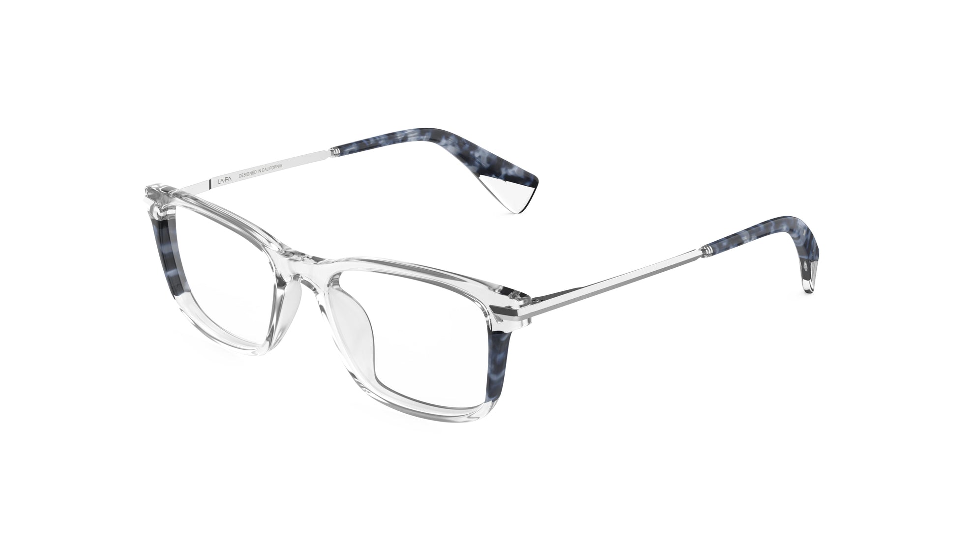 Clear and navy havana acetate eyeglass frames with silver titanium temples, integrated spring hinges, shown on a plain white background.