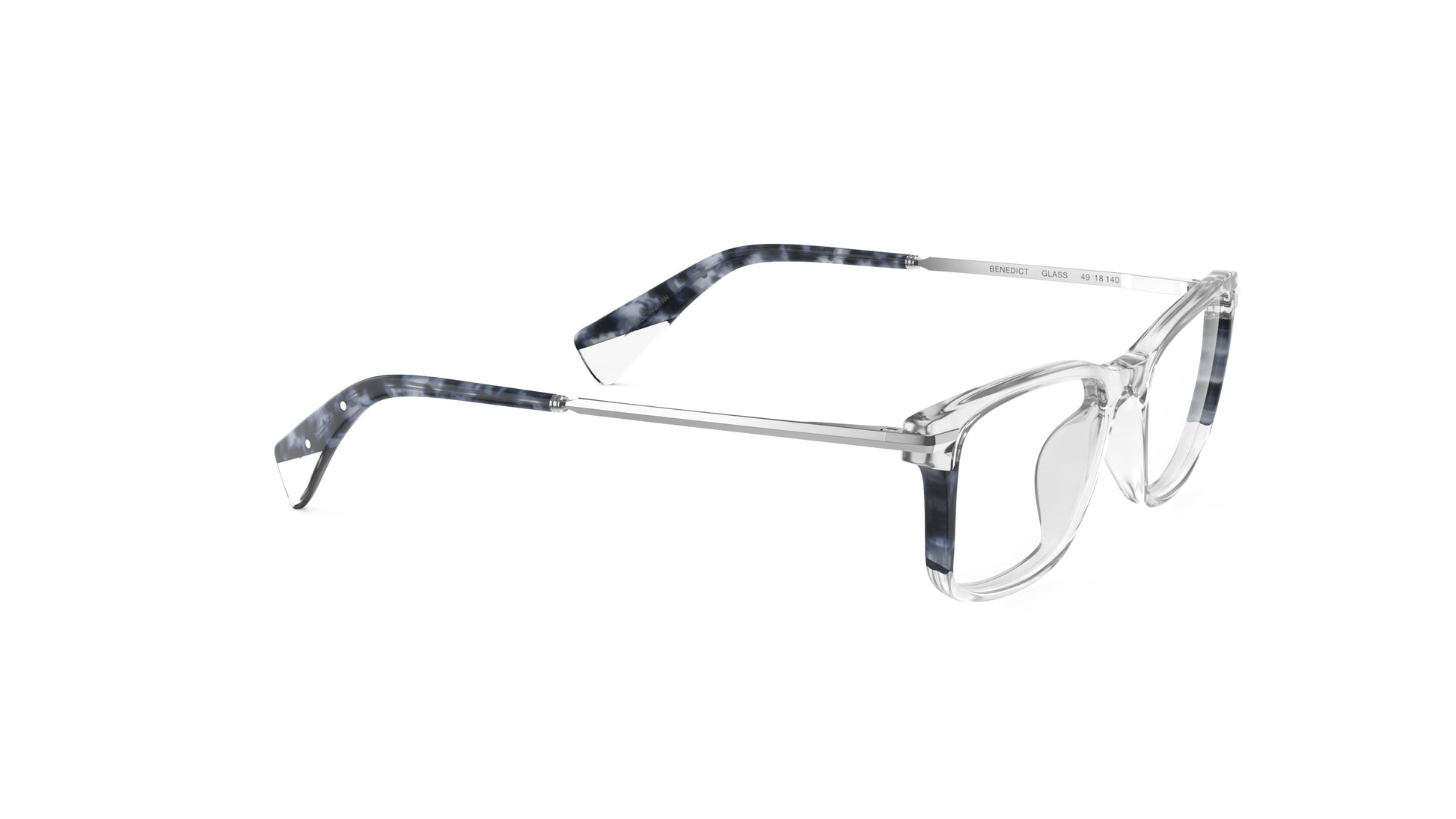Clear and navy havana acetate eyeglass frames with silver titanium temples, integrated spring hinges, shown on a plain white background.