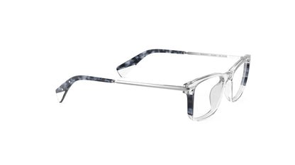 Clear and navy havana acetate eyeglass frames with silver titanium temples, integrated spring hinges, shown on a plain white background.