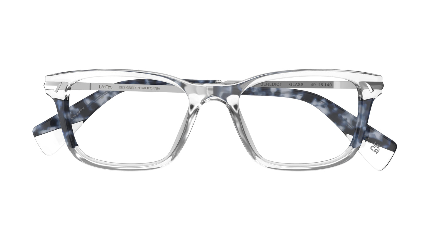 A pair of square eyeglasses with a clear acetate front, and navy blue havana laminations, shown against a plain white background.