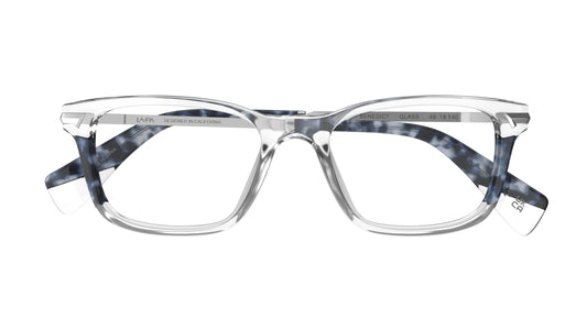 A pair of square eyeglasses with a clear acetate front, and navy blue havana laminations, shown against a plain white background.