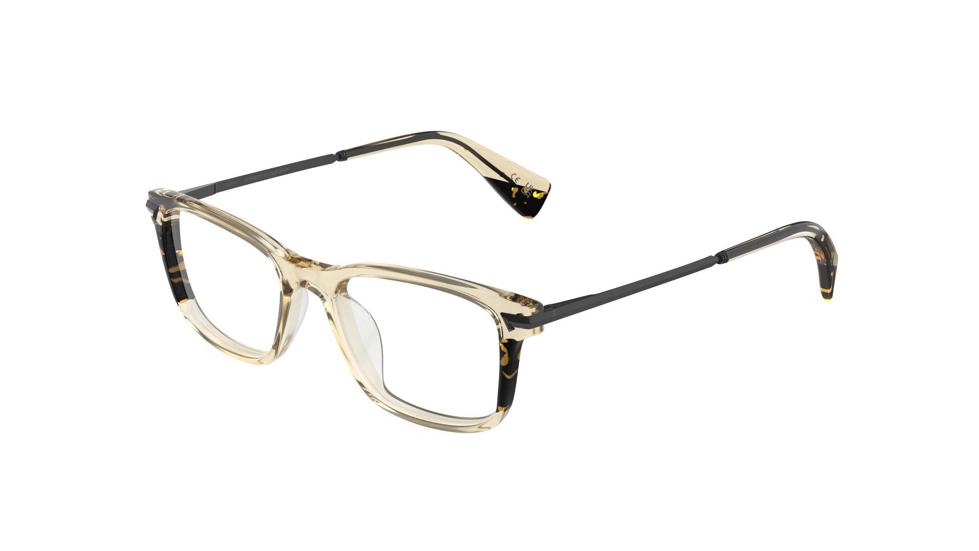 A pair of classic rectangle eyeglasses with a translucent khaki beige acetate frame and tortoise lamination accents, gunmetal titanium temples, integrated spring hinge, shown on a plain white background.