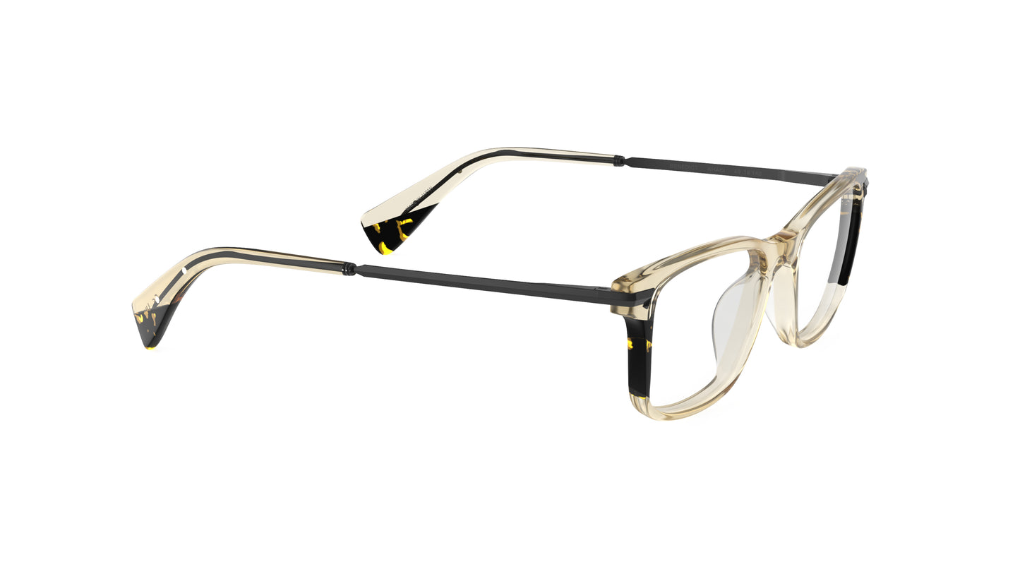 A pair of classic rectangle eyeglasses with a translucent khaki beige acetate frame and tortoise lamination accents, gunmetal titanium temples, integrated spring hinge, shown on a plain white background.