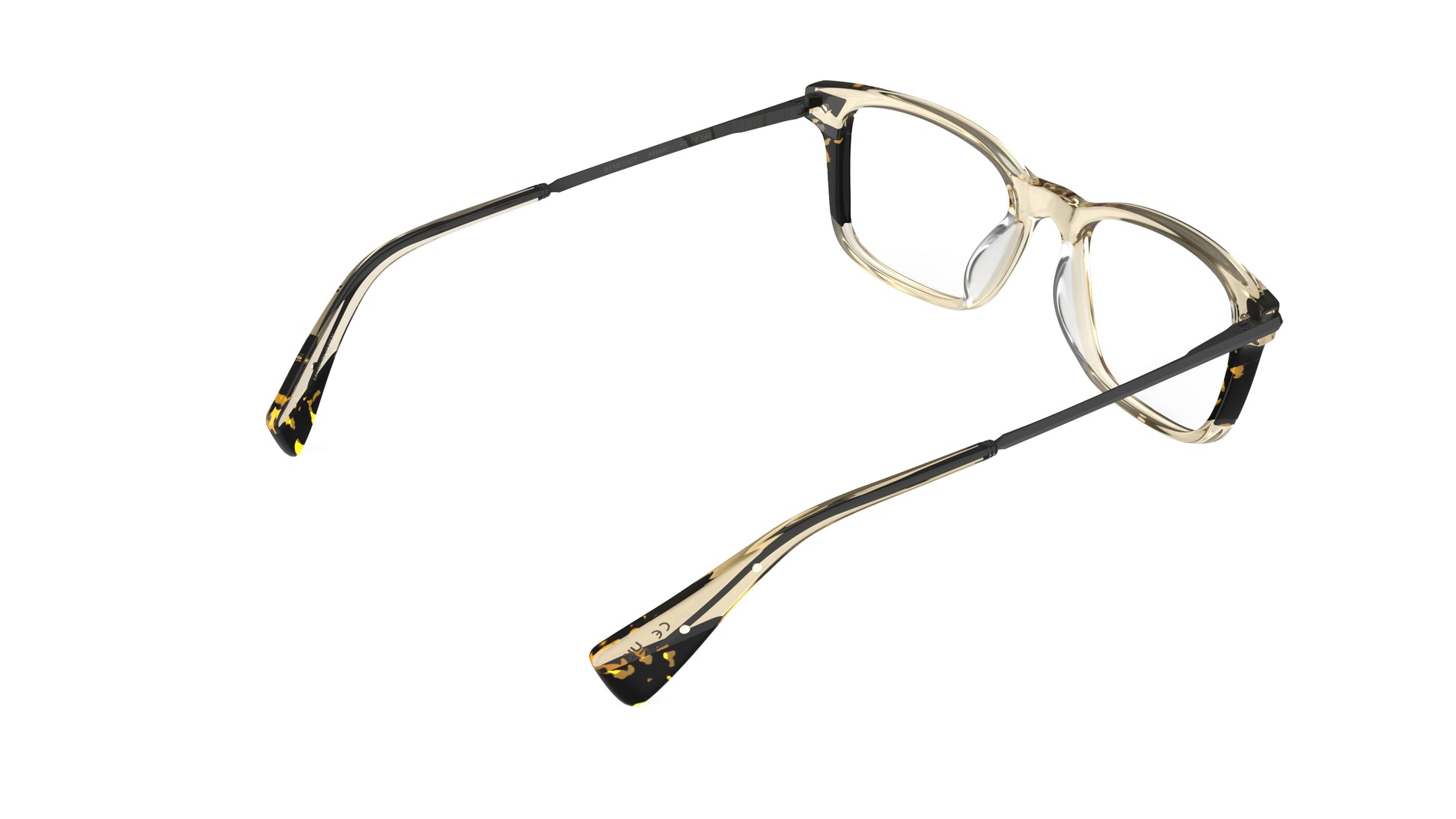 Rear view of a square eyeglasses with khaki and havana acetate, gunmetal titanium temples, integrated spring hinges, shown on a plain white background.